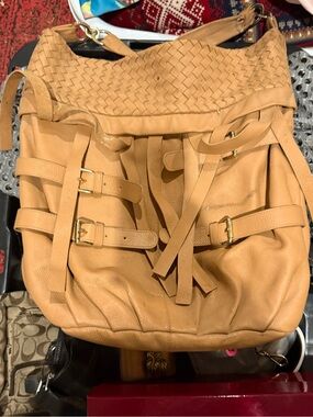 Romygold Tan Woven-Trim Hobo Bag with Buckle Straps